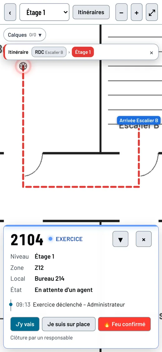 Fiche d'alarme sur téléphone : détecteur 2104 au bureau 214, itinéraire depuis le SSI et boutons J'y vais, Je suis sur place, Feu confirmé