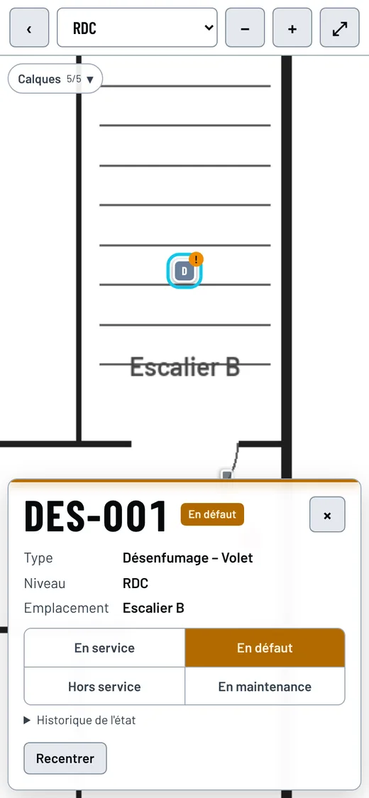 Fiche d'un volet de désenfumage en défaut