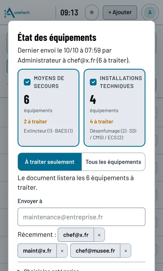 Fenêtre d'envoi de l'état des équipements