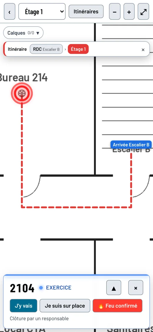 Itinéraire en pointillés rouges depuis l'escalier B jusqu'au bureau 214