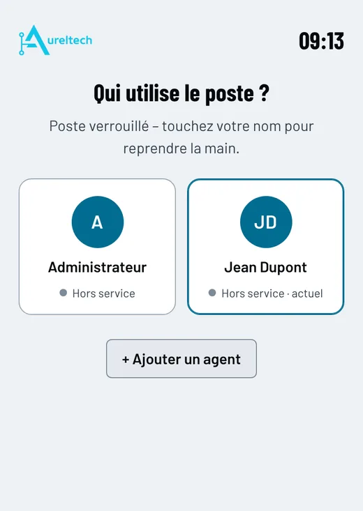 Écran de choix de l'agent sur un poste partagé