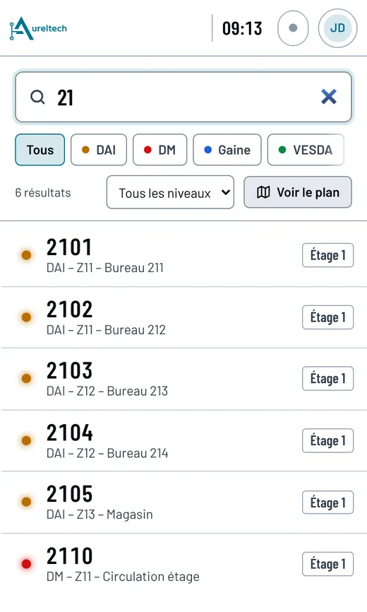 Recherche des détecteurs de l'étage 1 sur téléphone
